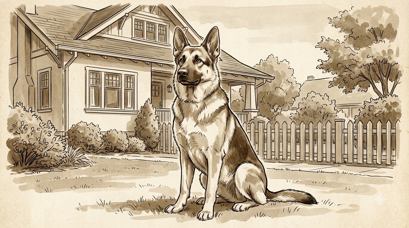 Illustrated sepia-toned scene of a German Shepherd sitting in a 1930s suburban yard