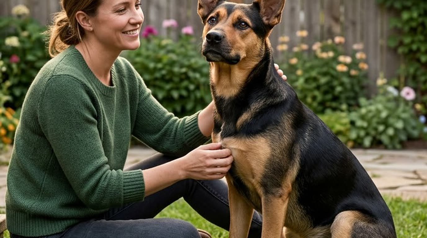 A German Shepherd Pitbull mix sitting attentively beside its owner in a backyard