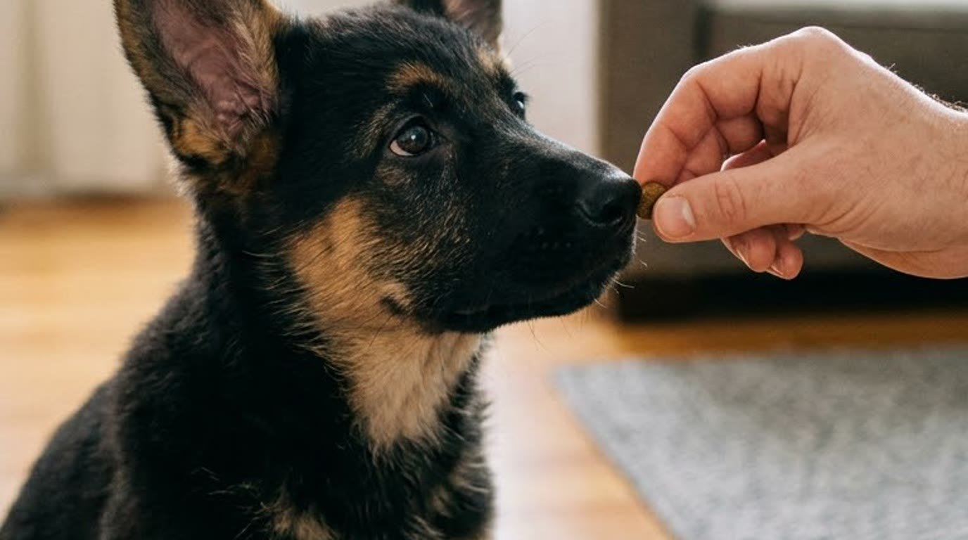 A German Shepherd puppy in a training session indoors with its owner