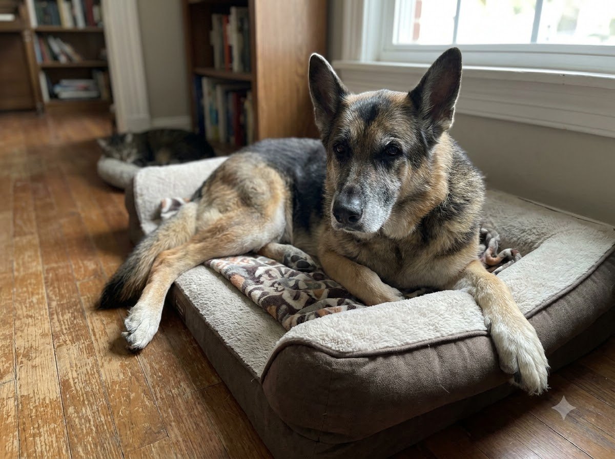 A German Shepherd lying down calmly at home