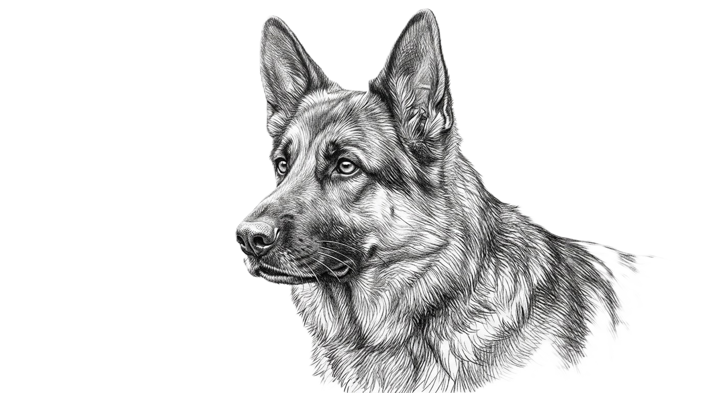 Black-and-white pencil sketch illustration of a German Shepherd