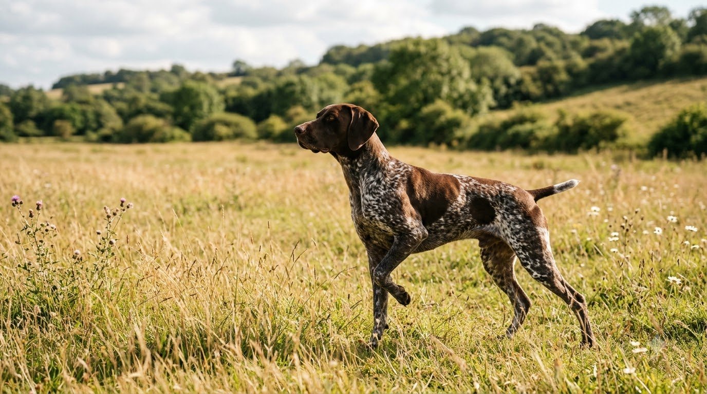 A German Shorthaired Pointer with a liver-and-white coat standing in a pointing stance in a field