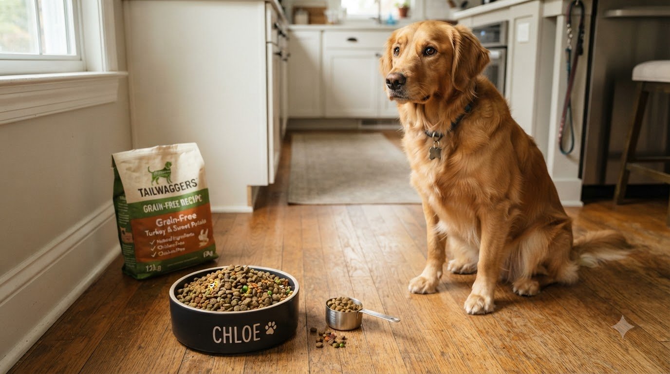 A dog waiting beside its food bowl at feeding time