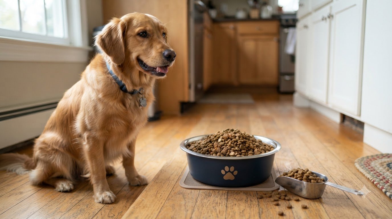 A dog waiting patiently for its food bowl to be filled