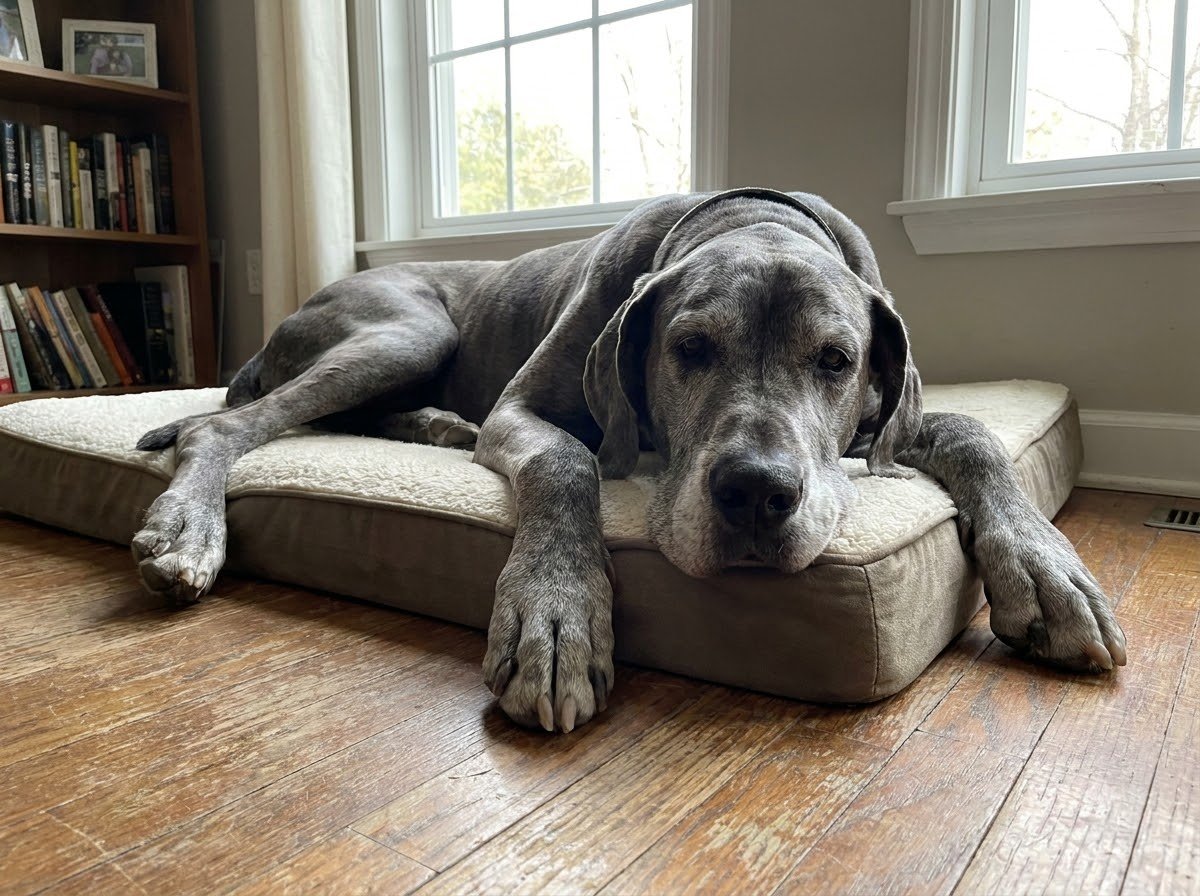 A Great Dane lying on a large orthopedic bed