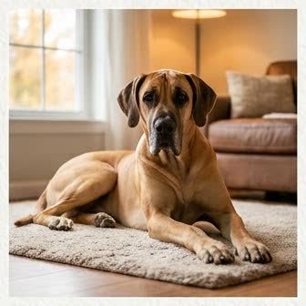 A Great Dane resting in a cozy indoor setting