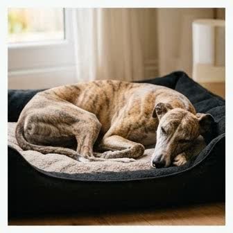 A Greyhound resting in a cozy indoor setting