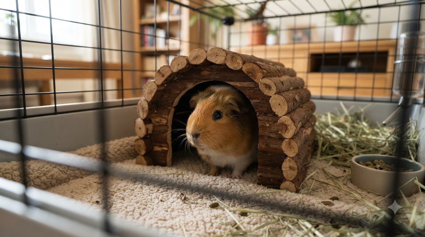 A guinea pig peeking out from inside a cage hideout