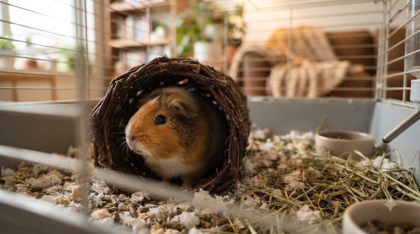 A guinea pig hiding inside a small cage shelter