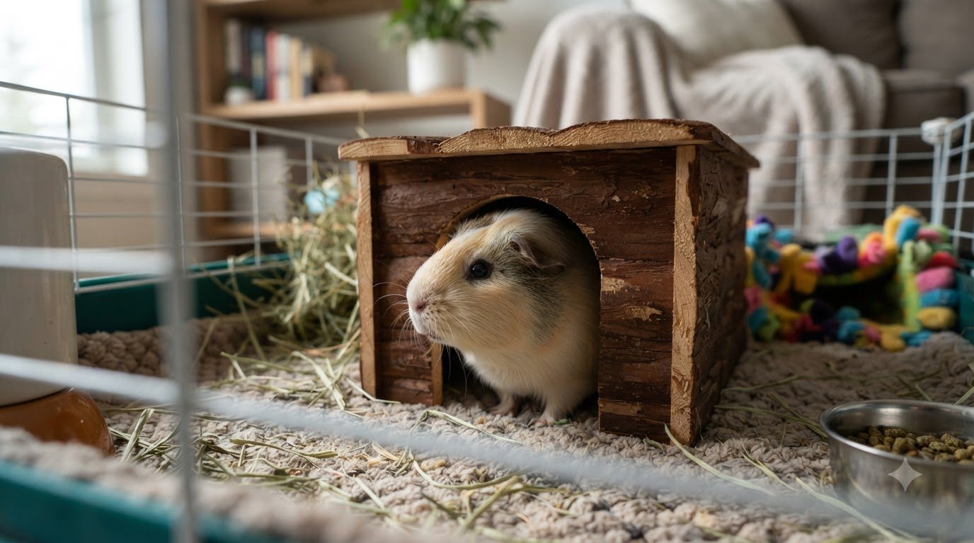 A guinea pig peeking out of its hideout in a cage