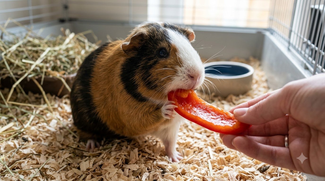 A guinea pig eating a piece of bell pepper
