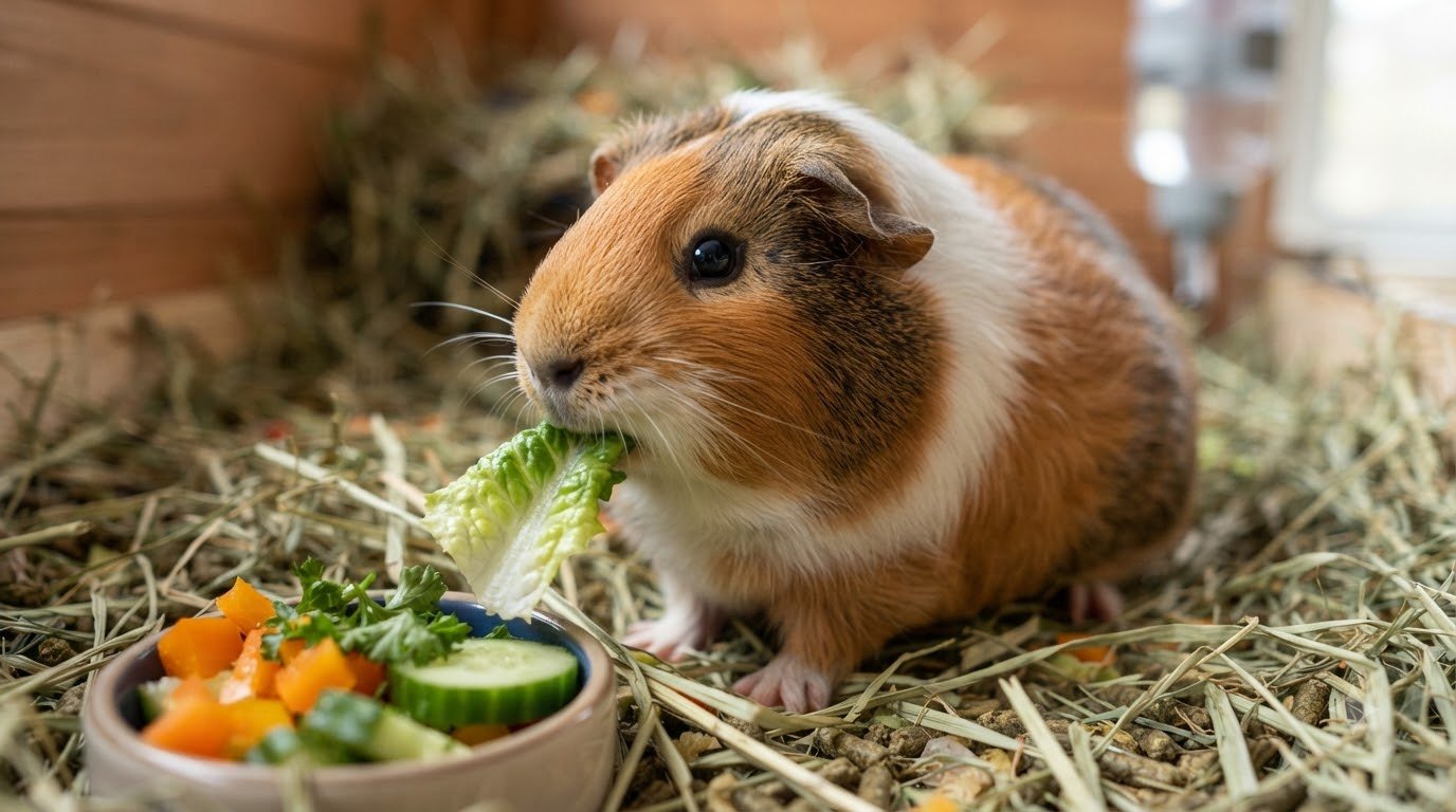A guinea pig eating fresh vegetables