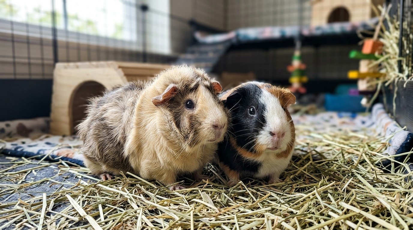 Two guinea pigs sitting together companionably