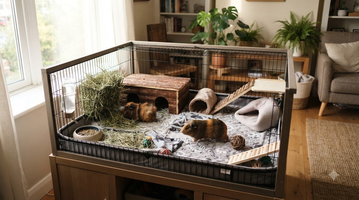 A guinea pig cage set up at home