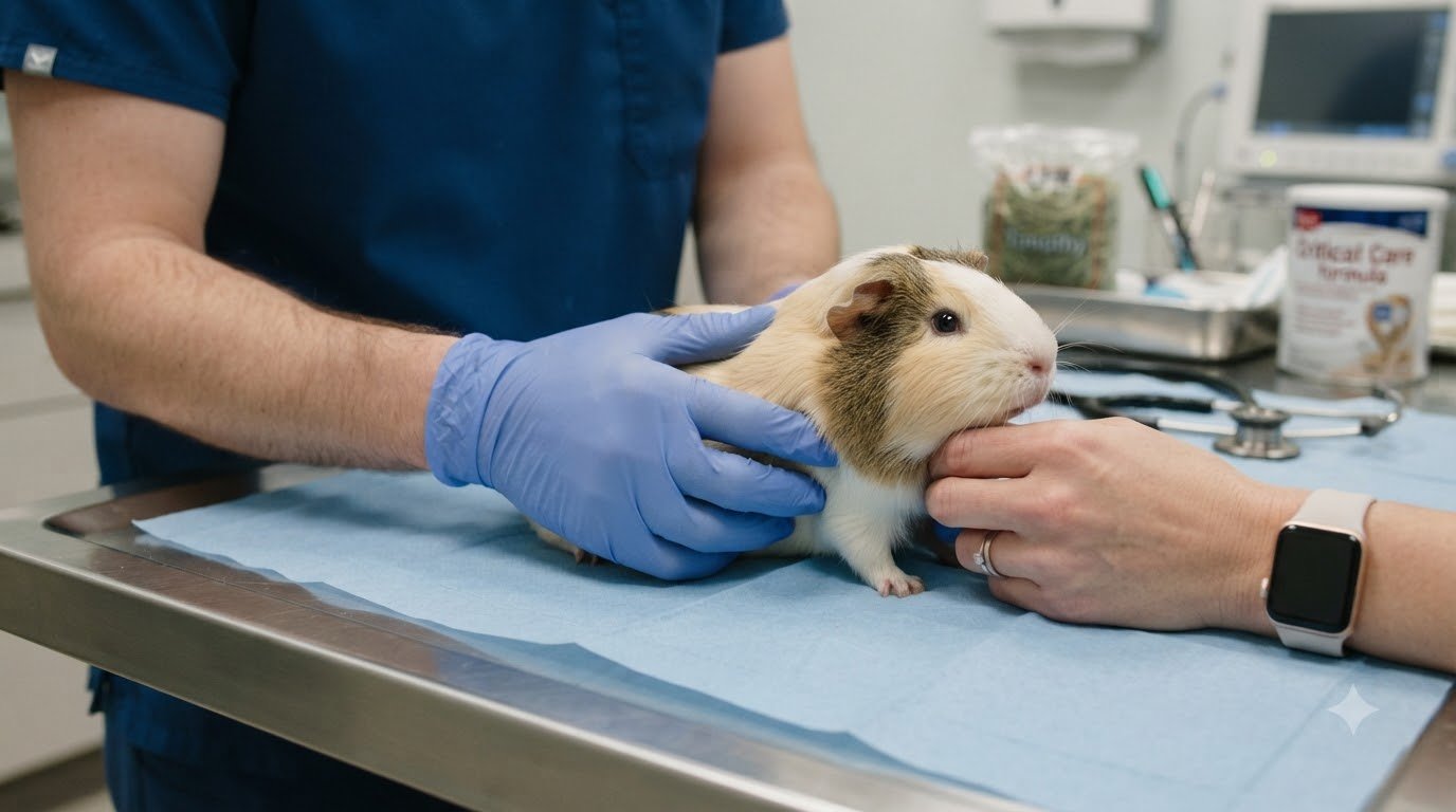 A hand gently holding a guinea pig