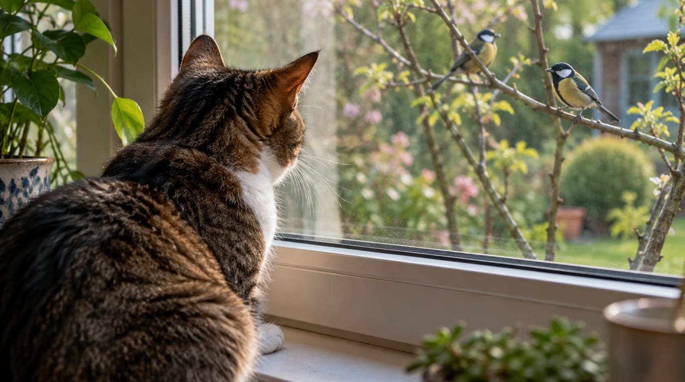 A cat sitting on an indoor windowsill watching birds outside through the glass