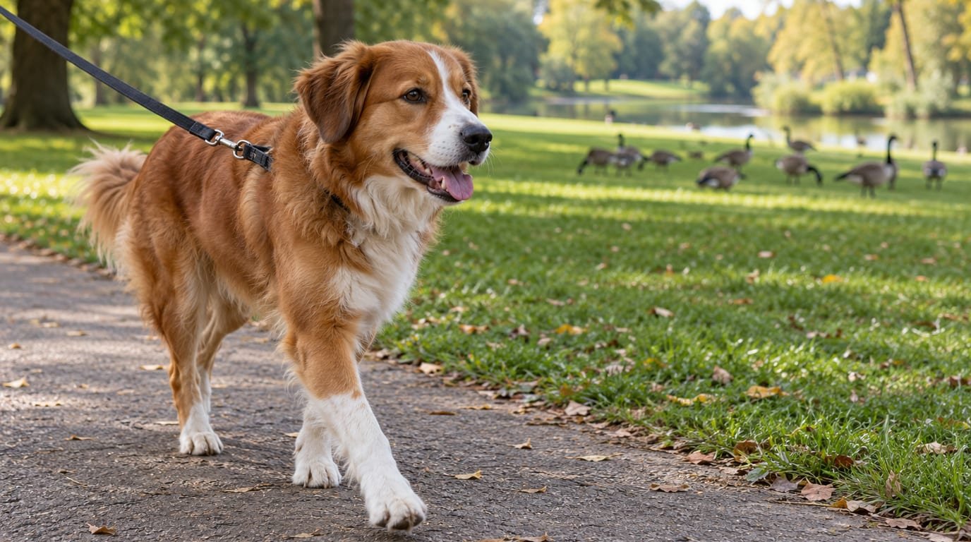 A dog on a leash walking past a flock of geese at a distance in a park