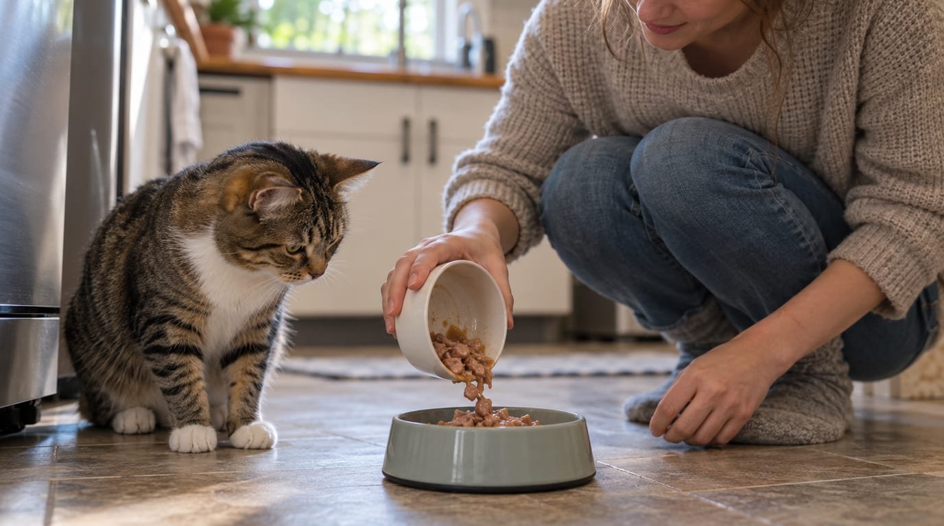 A person pouring cooked cat food into a bowl while a cat waits on the kitchen floor