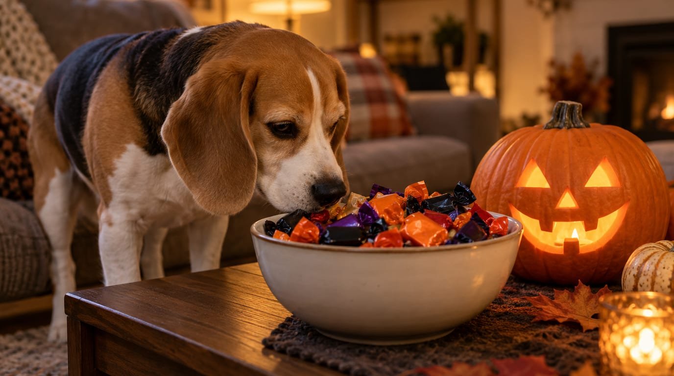 A beagle sniffing at a bowl of wrapped Halloween candy on a low coffee table next to a carved pumpkin