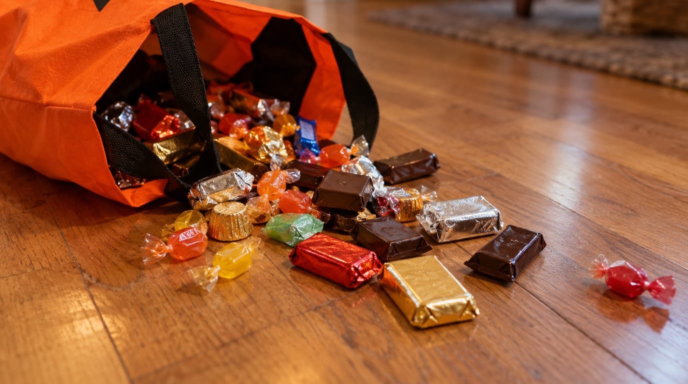 Assorted wrapped chocolate bars and candies spilled from a trick-or-treat bag on a wooden floor