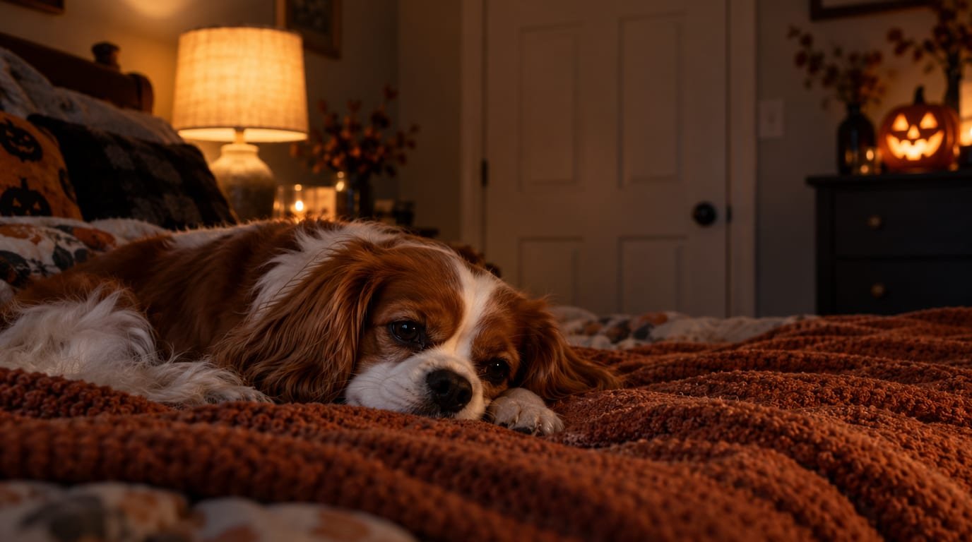 A small dog resting calmly on a bed in a quiet room with a closed door on Halloween night