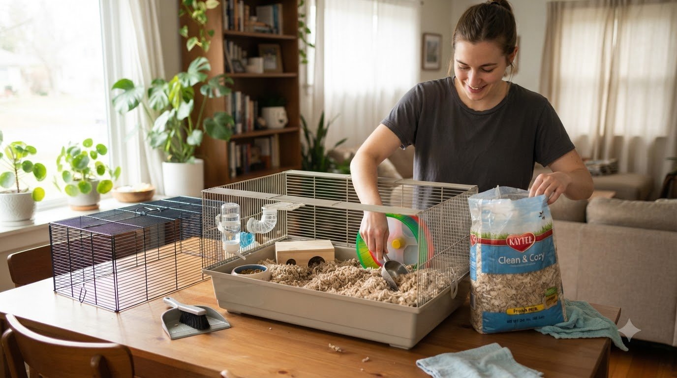 Fresh bedding being placed into a hamster cage during cleaning