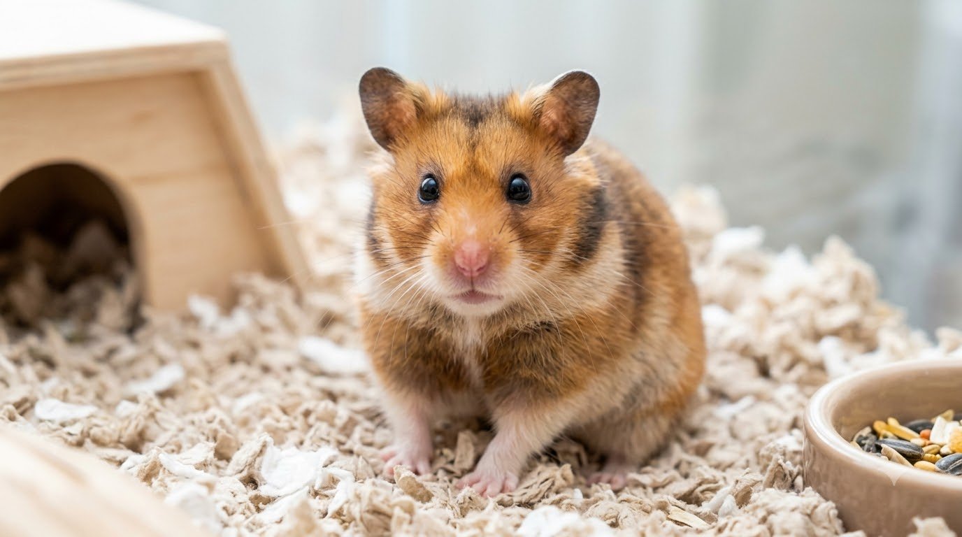 A healthy, alert hamster sitting in its habitat