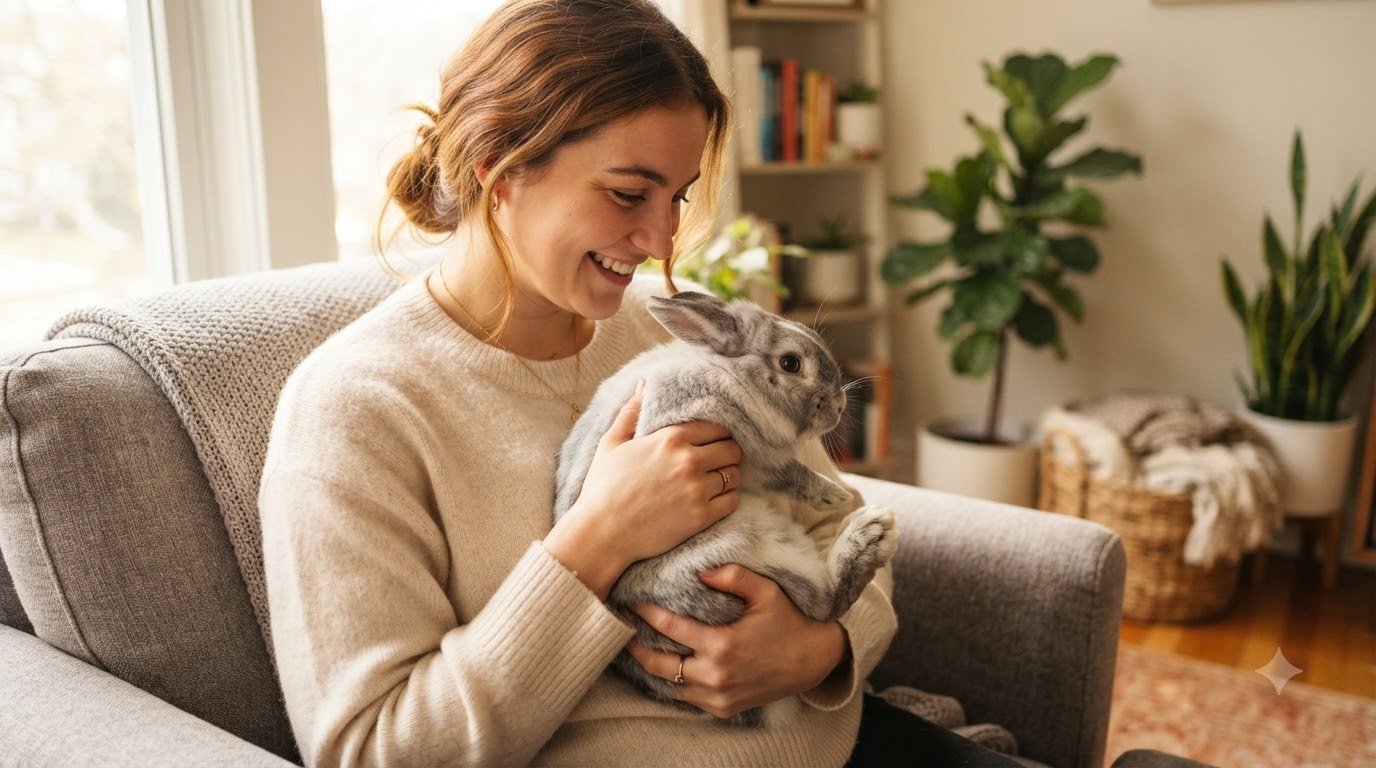 A person gently holding a rabbit with proper hindquarter support
