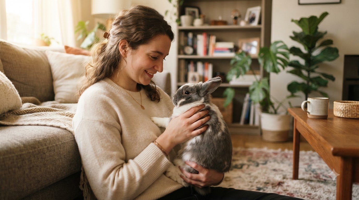 A person gently holding a rabbit correctly, supporting its hindquarters