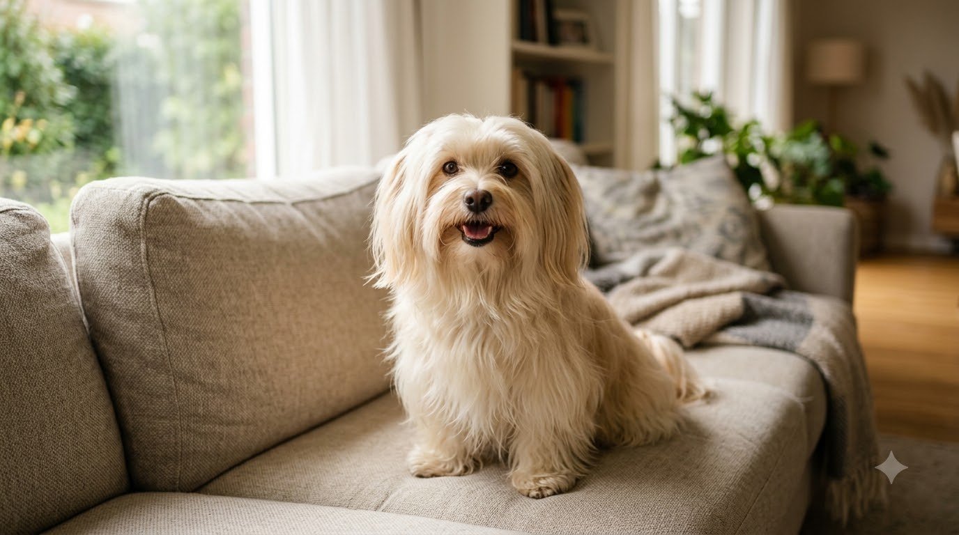 A Havanese with a long silky cream coat sitting on a sofa indoors