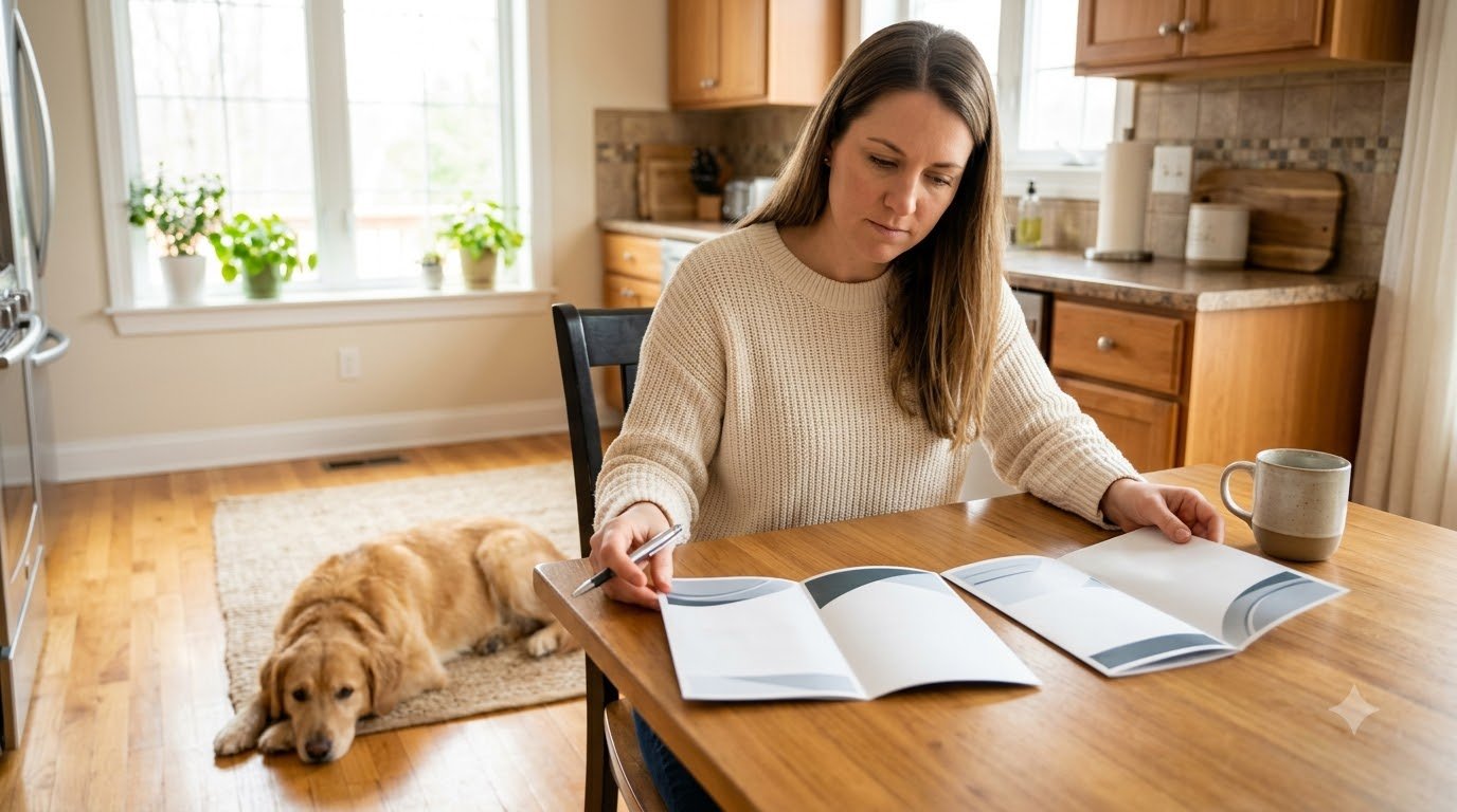 A pet owner comparing two pet insurance plan brochures at a kitchen table with a dog resting nearby