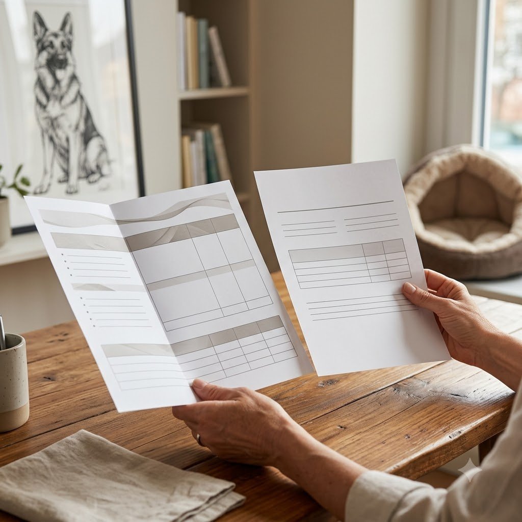 Close-up of a hand comparing two pet insurance plan documents side by side