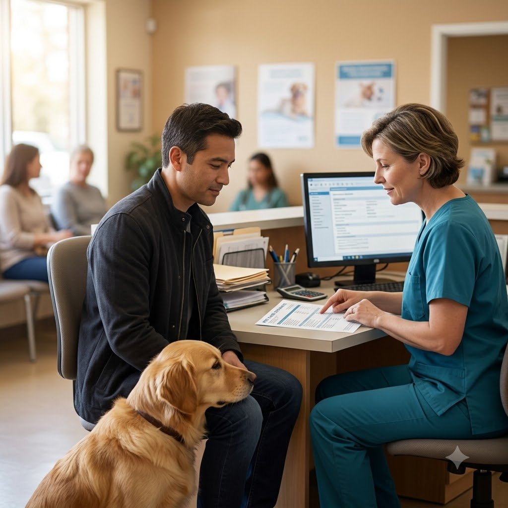 A veterinarian reviewing a dog's treatment plan and cost estimate with the owner at a clinic