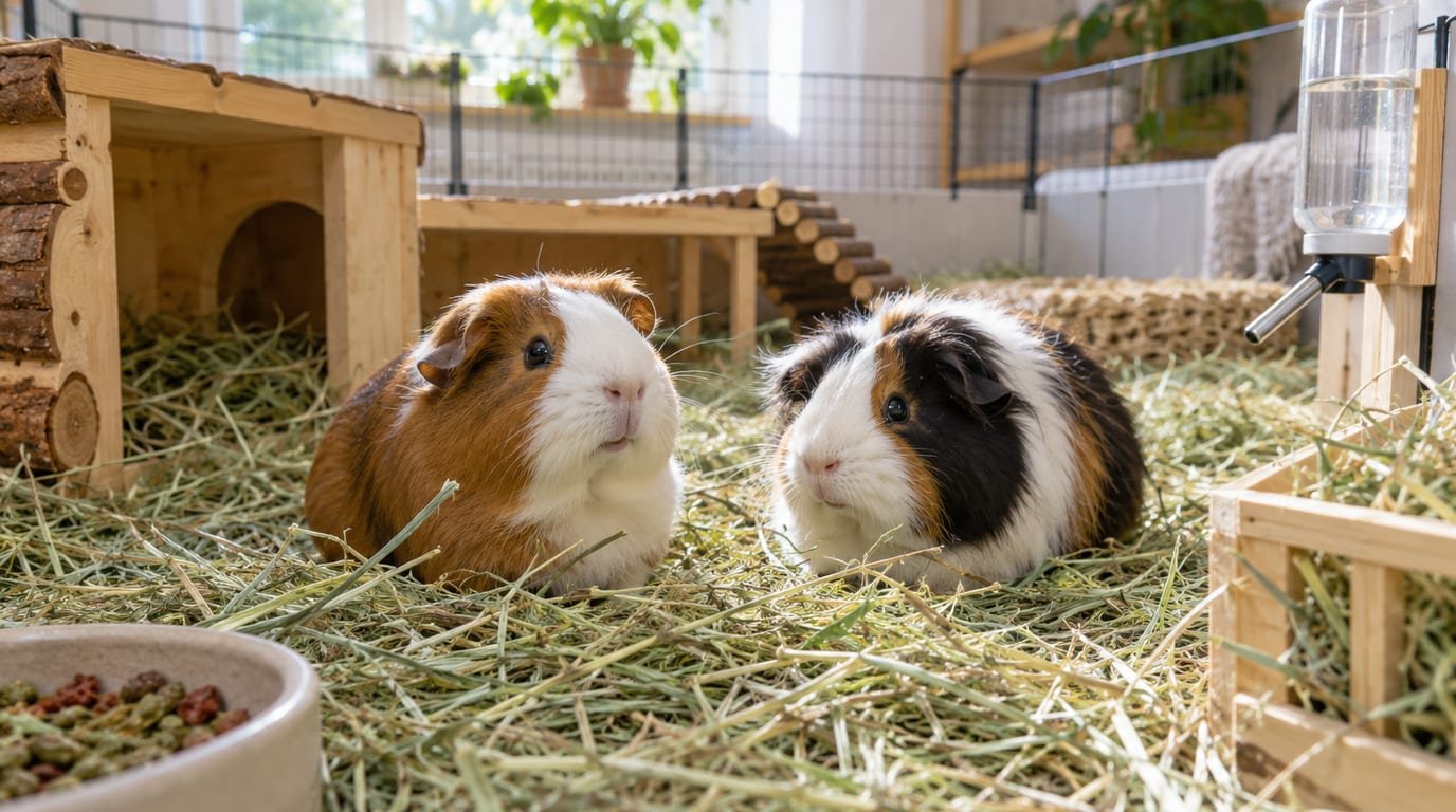 Two guinea pigs in a spacious indoor enclosure with deep fresh hay and a wooden hideout