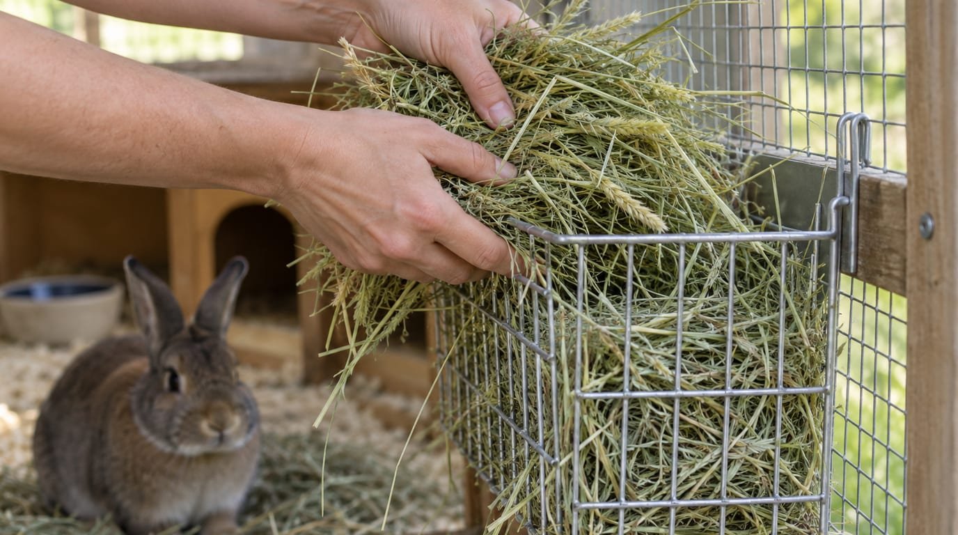 A person refilling a hay rack in a rabbit enclosure with fresh timothy hay