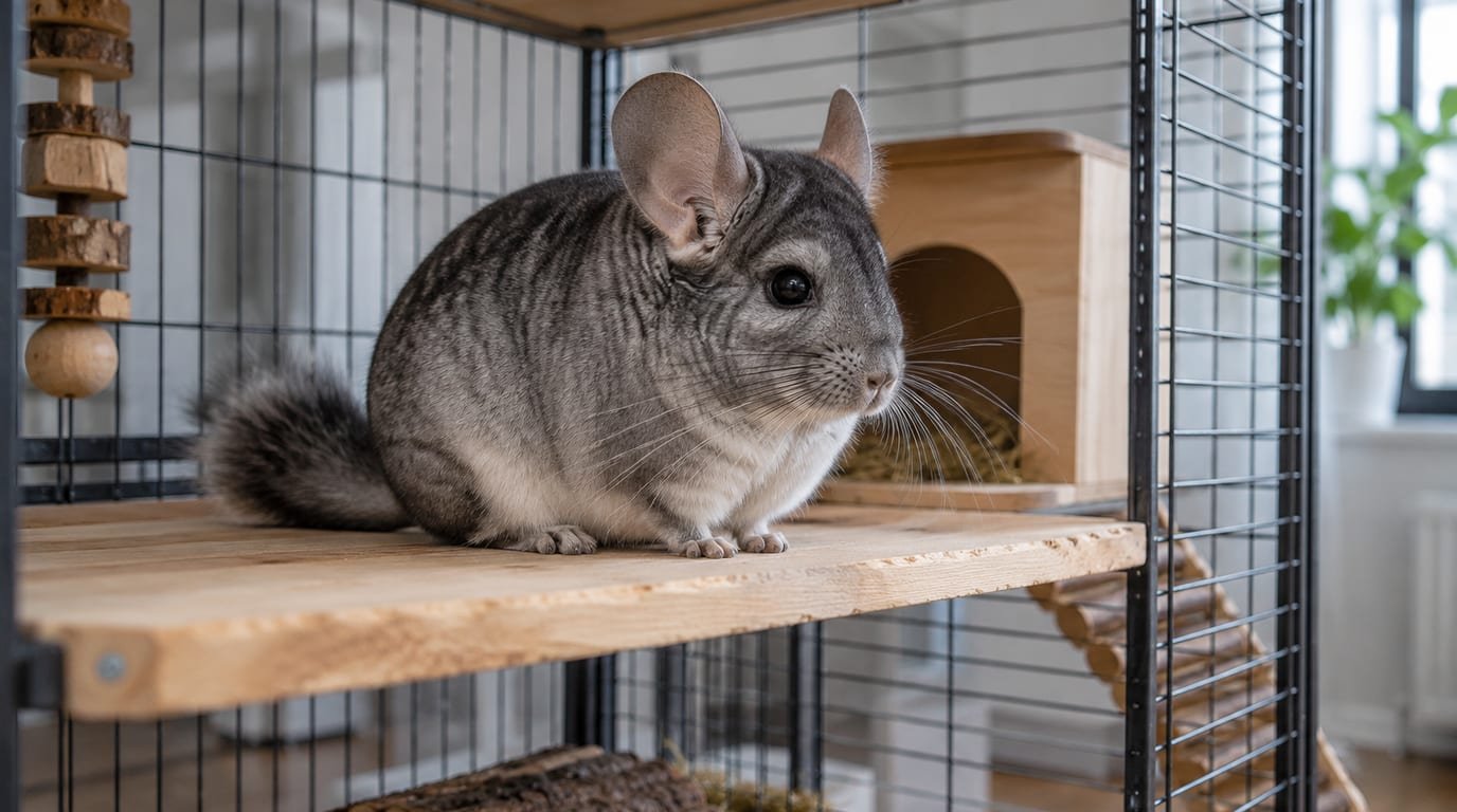 A chinchilla sitting on a wooden ledge inside a tall, well-ventilated cage in a cool room