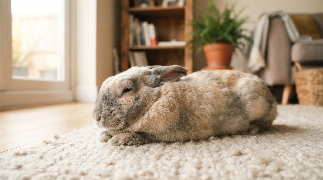 An older rabbit resting calmly indoors