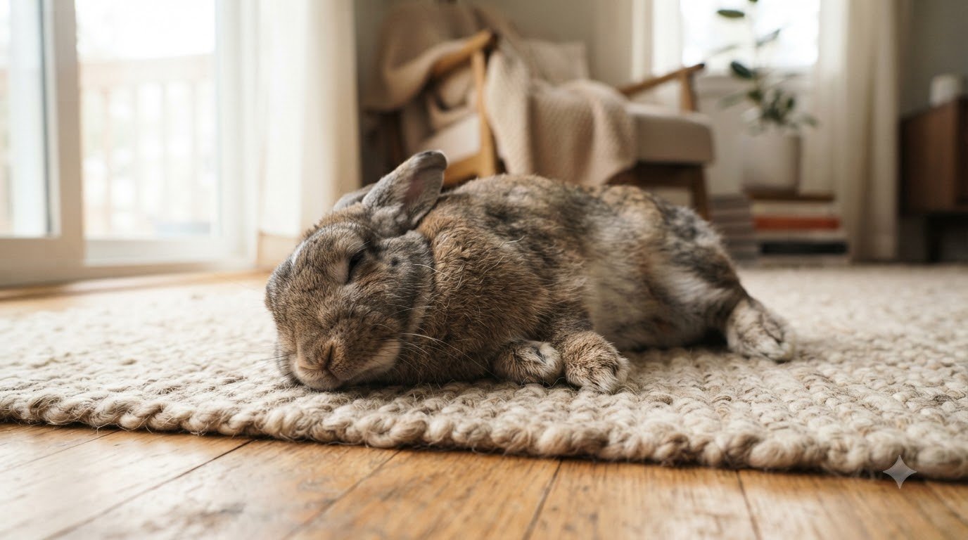 An older rabbit resting calmly on a soft rug indoors