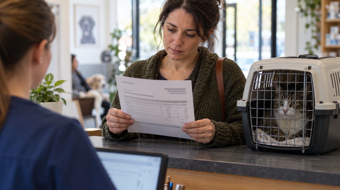 A pet owner holding an itemized veterinary invoice at a clinic front desk with their cat carrier beside them