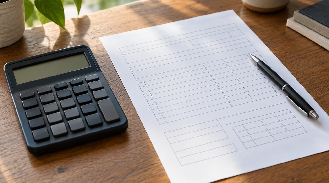 A calculator, a pen and a printed pet insurance claim form on a wooden desk