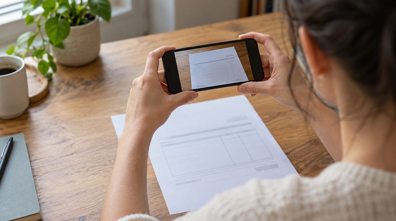 A person using a smartphone app to photograph a vet invoice for an insurance claim