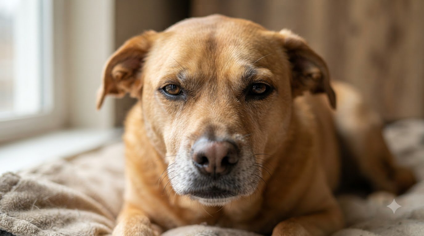 A dog's face showing a calm but slightly strained expression