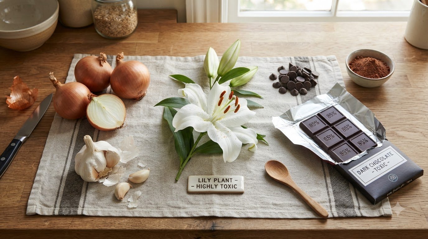 Foods toxic to cats including onion, garlic, chocolate, and a lily flower arranged on a counter