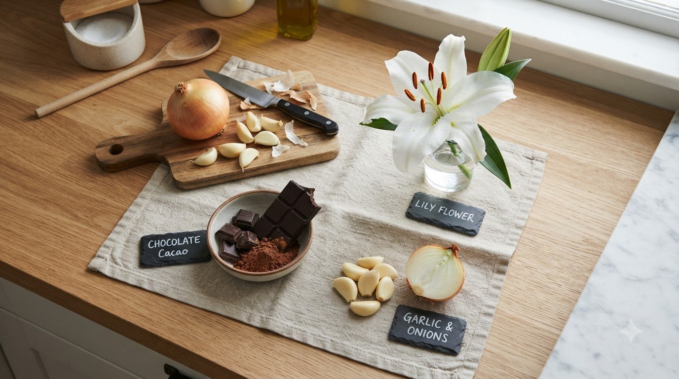 Toxic foods for cats arranged for identification on a counter