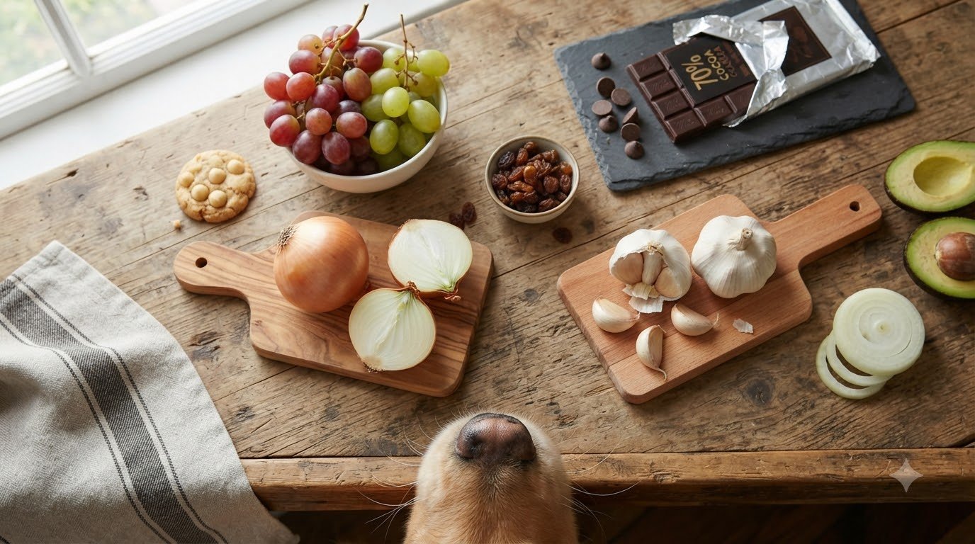 Foods toxic to dogs including grapes, chocolate, onions, and garlic arranged on a counter