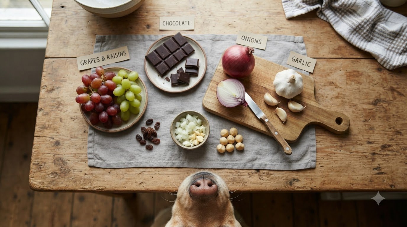 An overhead view of foods toxic to dogs arranged on a kitchen counter