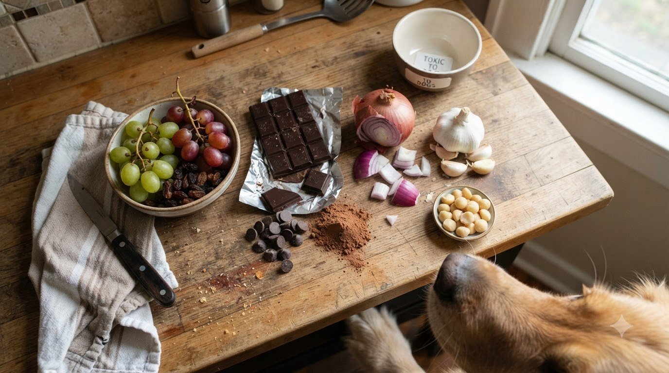 Toxic foods for dogs arranged for identification on a counter