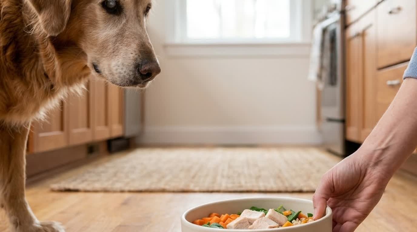 A senior dog eating from a bowl of fresh dog food in a kitchen