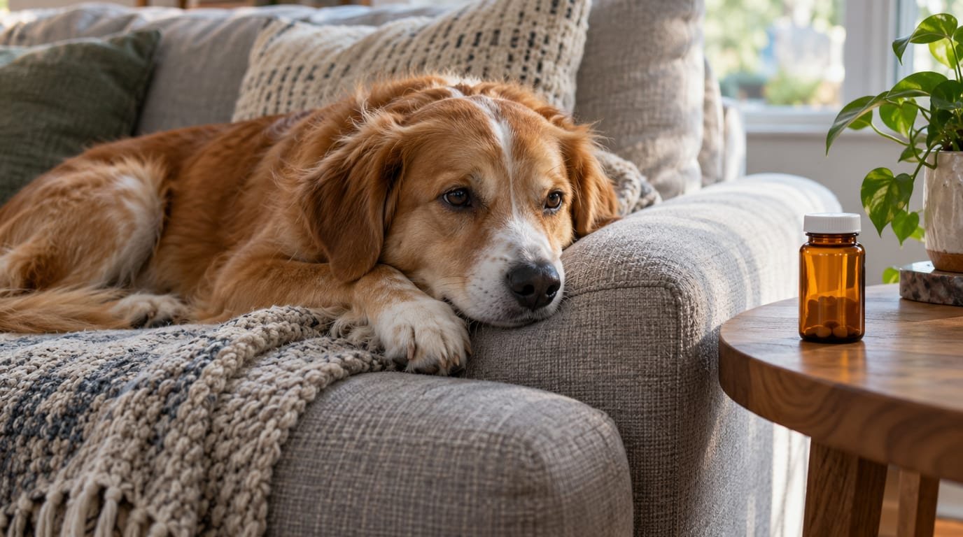 A medium-sized dog resting on a sofa next to a closed pill bottle on a side table