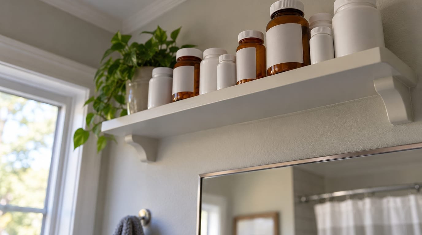 Assorted over-the-counter pill bottles stored on a high bathroom shelf